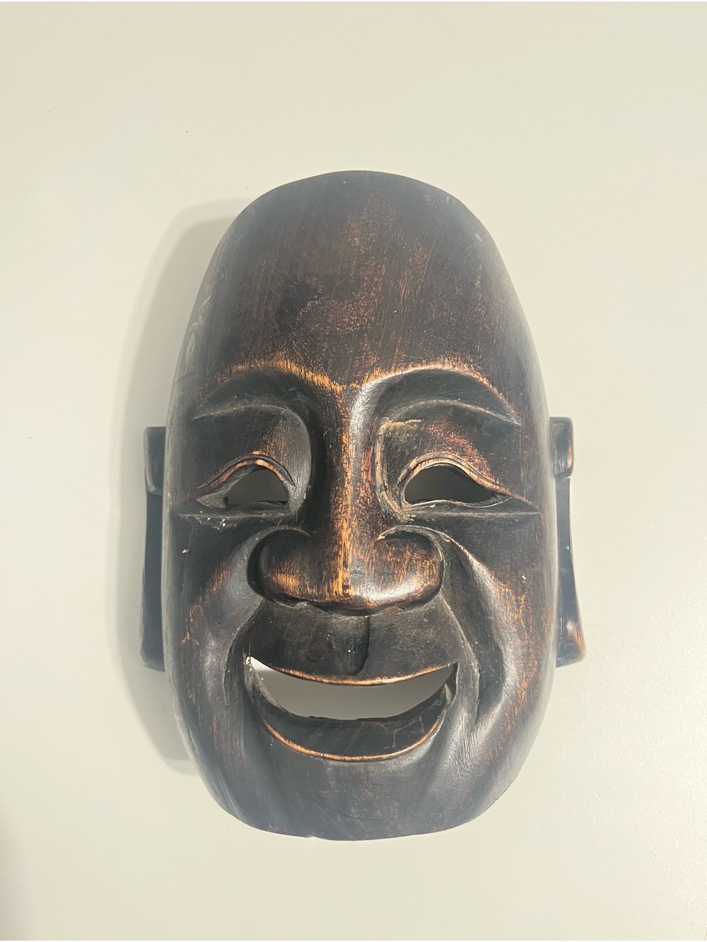 Hand-Carved Wooden Smiling Mask - Dark Brown Finish